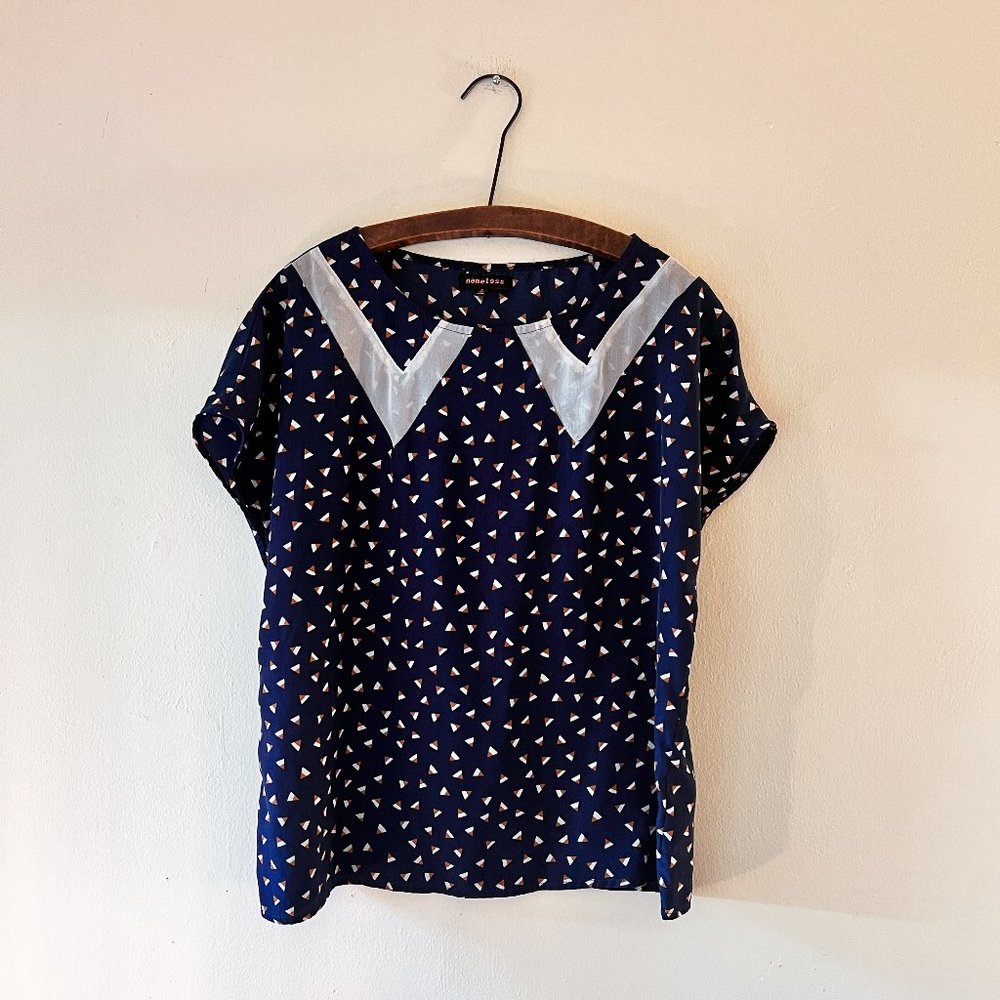 Candy Corn Confetti Pattern Bespoke Crop Sleeve Top Navy Vintage Fall Unique